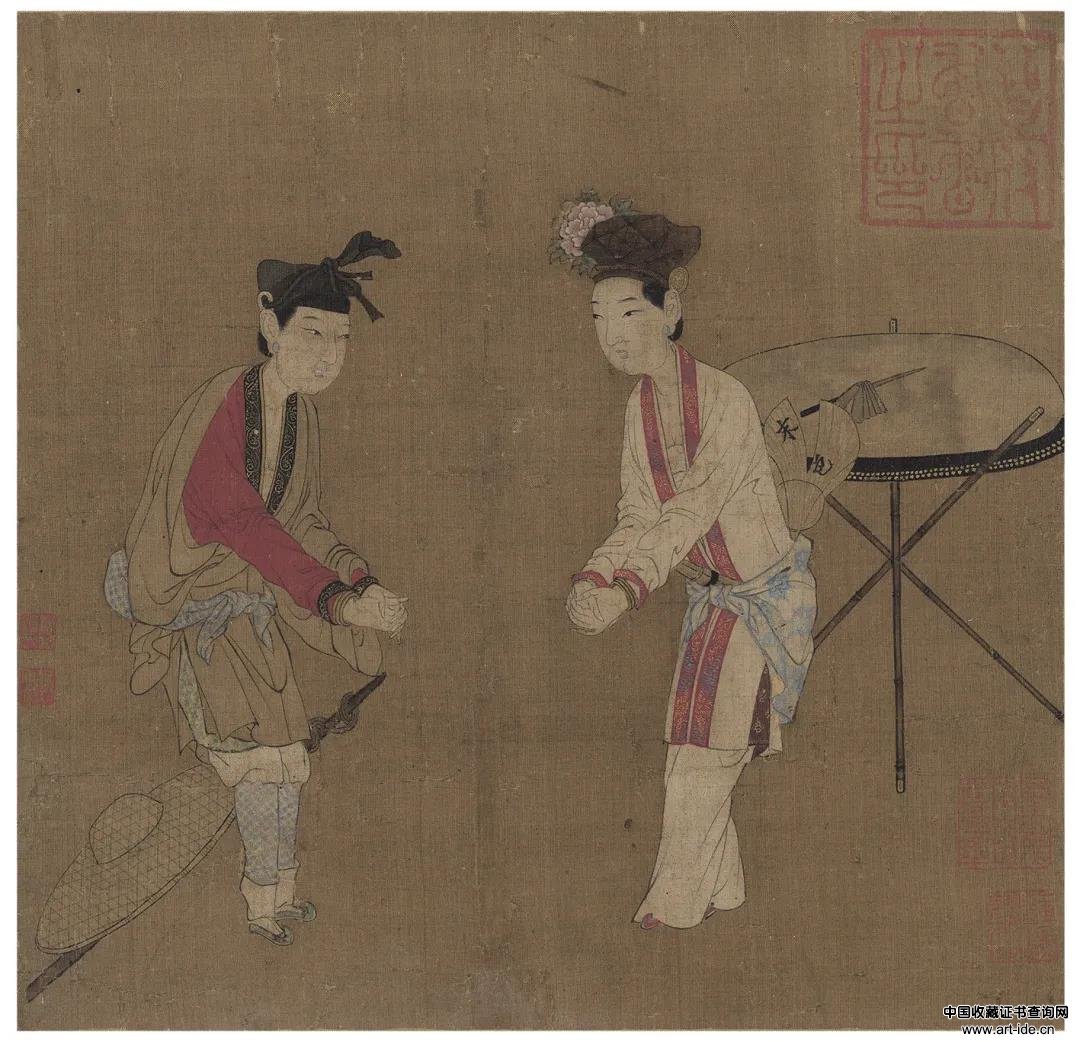  宋　佚名　杂剧“打花鼓”图绢本&nbsp; &nbsp;24×24.3cm&nbsp; &nbsp;北京故宫博物院藏